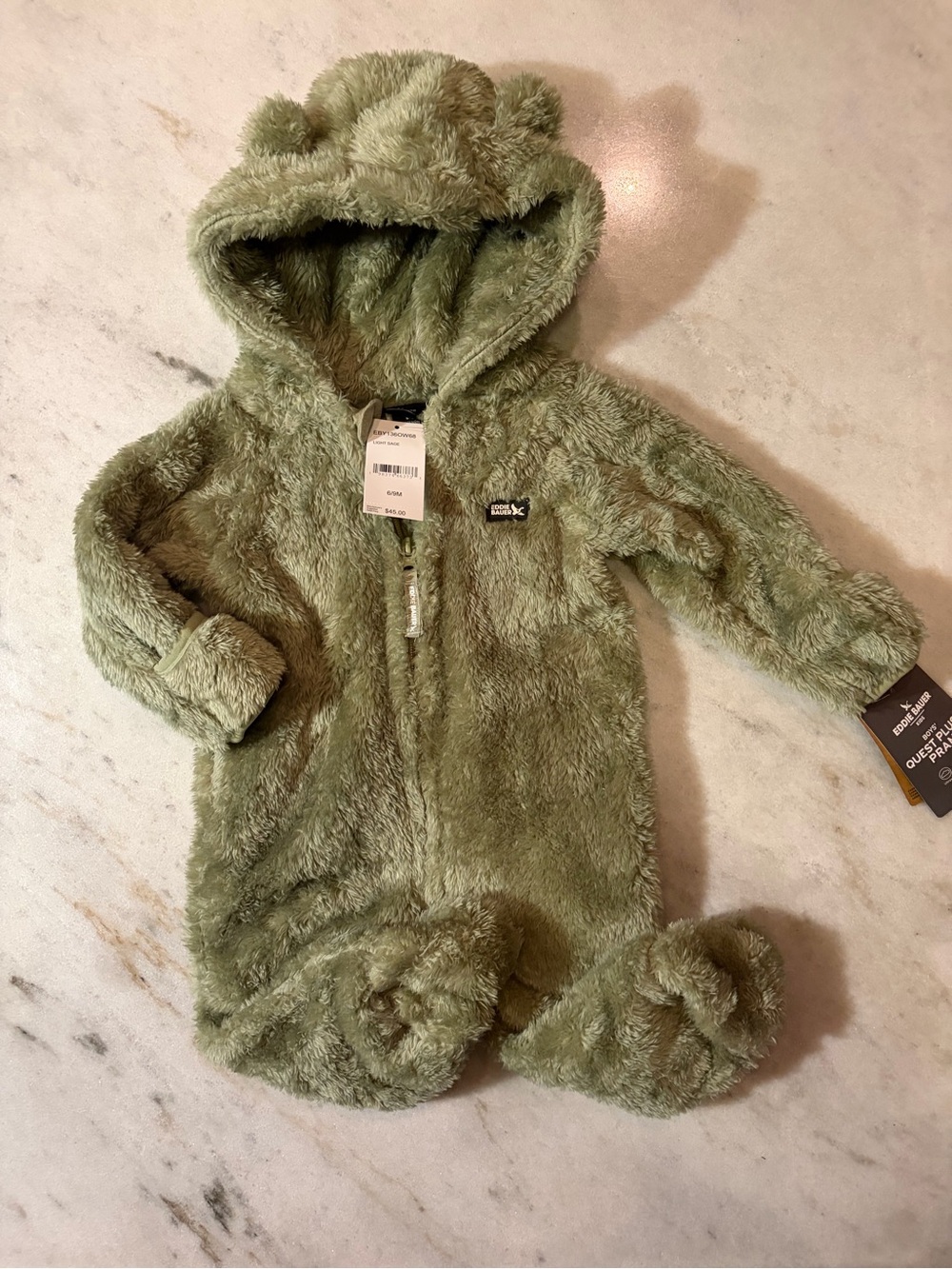 Eddie Bauer Olive Green Plush Hooded Baby One-Piece